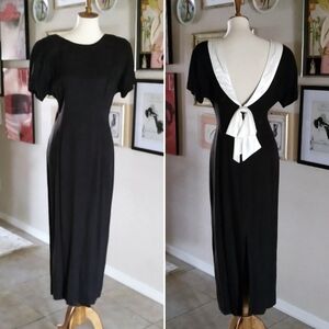Vintage Black and White Satin‎ Bow Deep Back Midi Dress